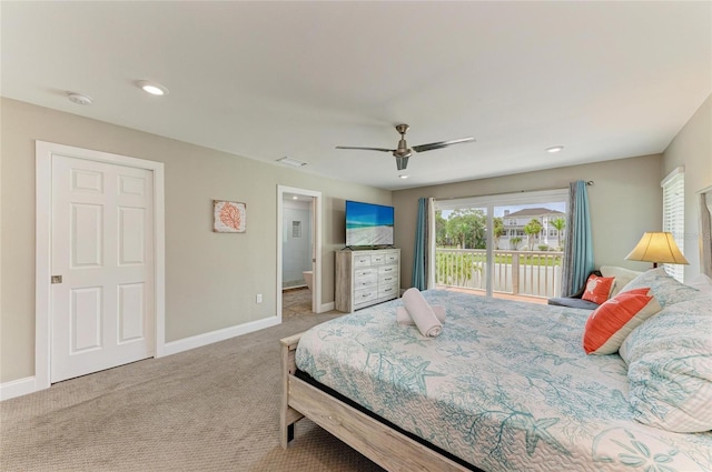 3903 Bayside Dr, Bradenton, FL 34210 - carpeted bedroom with access to outside, baseboards, a ceiling fan, and recessed lighting