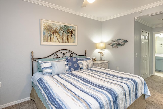 7005 River Hammock Dr Unit 303, Bradenton, FL 34212 - carpeted bedroom featuring baseboards, crown molding, connected bathroom, and ceiling fan