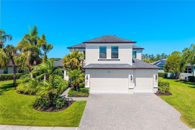 826 Honeyflower Loop, Bradenton, FL 34212 - view of front of property featuring decorative driveway, stucco siding, a garage, a front yard, and a shingled roof