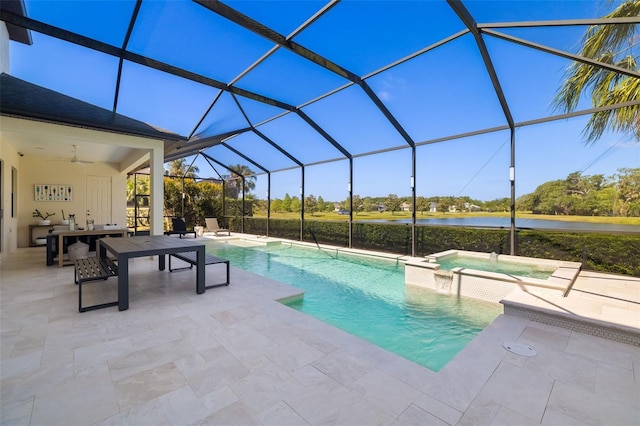 826 Honeyflower Loop, Bradenton, FL 34212 - view of pool with a patio, a water view, a pool with connected hot tub, and glass enclosure