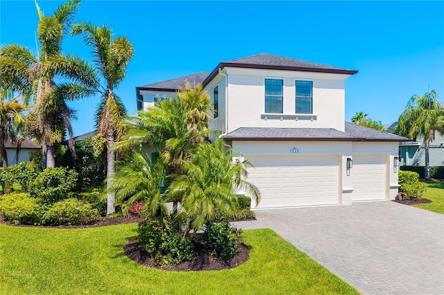 826 Honeyflower Loop, Bradenton, FL 34212 - view of front of house featuring decorative driveway, stucco siding, a garage, a front lawn, and roof with shingles