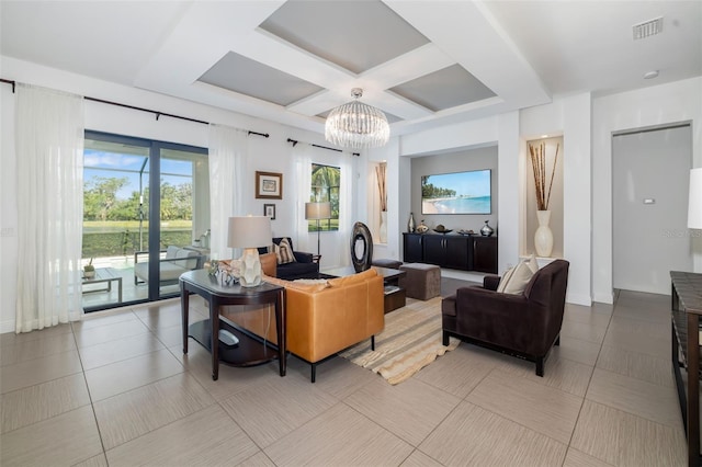 826 Honeyflower Loop, Bradenton, FL 34212 - living room featuring a chandelier, coffered ceiling, and beamed ceiling