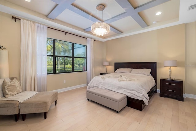 826 Honeyflower Loop, Bradenton, FL 34212 - bedroom with coffered ceiling, recessed lighting, light wood-style floors, and beamed ceiling