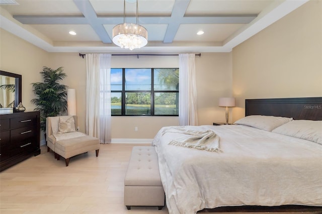 826 Honeyflower Loop, Bradenton, FL 34212 - bedroom with coffered ceiling, light wood-style flooring, a chandelier, beam ceiling, and recessed lighting