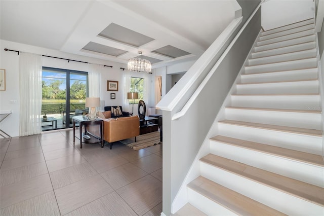 826 Honeyflower Loop, Bradenton, FL 34212 - staircase with coffered ceiling, a chandelier, and beam ceiling