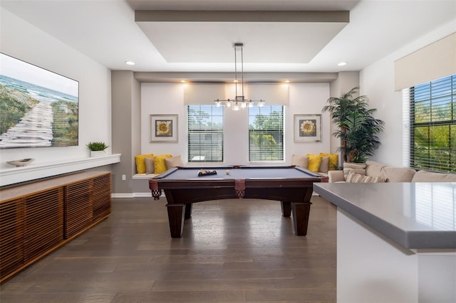 826 Honeyflower Loop, Bradenton, FL 34212 - game room with dark wood finished floors, billiards, a raised ceiling, a chandelier, and recessed lighting