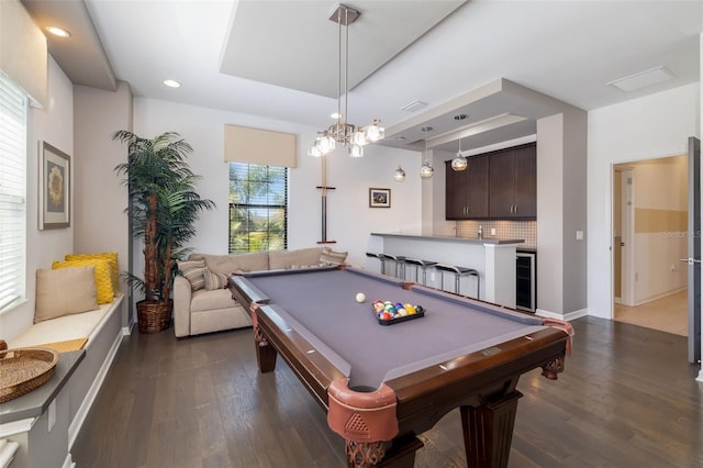 826 Honeyflower Loop, Bradenton, FL 34212 - recreation room with dark wood-style floors, wine cooler, billiards table, recessed lighting, and bar