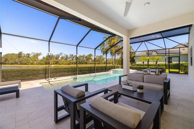 826 Honeyflower Loop, Bradenton, FL 34212 - view of patio with outdoor lounge area, an outdoor pool, glass enclosure, and a ceiling fan