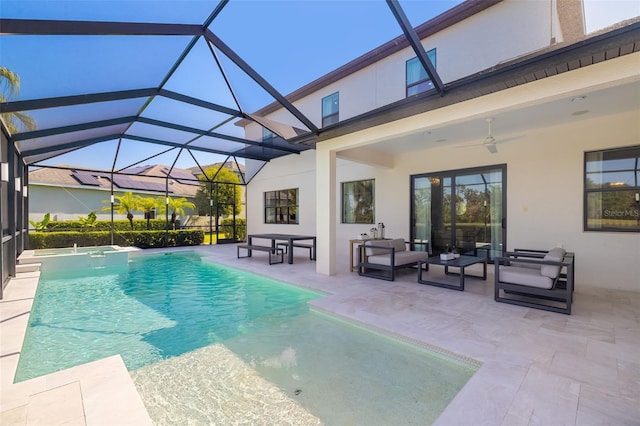 826 Honeyflower Loop, Bradenton, FL 34212 - view of pool with a patio area, an outdoor hangout area, a ceiling fan, a pool with connected hot tub, and glass enclosure