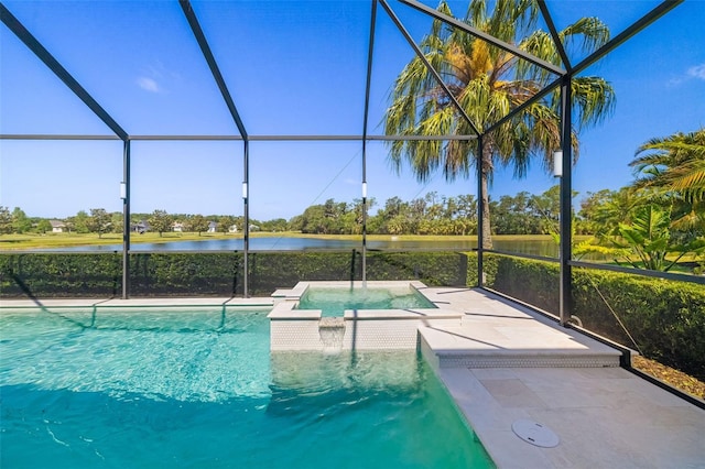 826 Honeyflower Loop, Bradenton, FL 34212 - view of pool with glass enclosure, a water view, a patio area, and a pool with connected hot tub