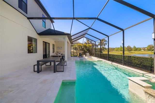 826 Honeyflower Loop, Bradenton, FL 34212 - view of pool featuring a patio, a water view, glass enclosure, and a pool with connected hot tub