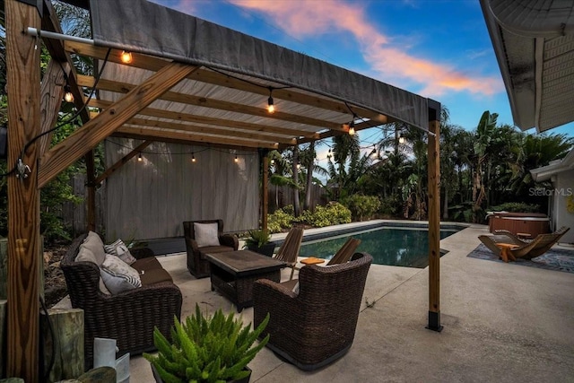 6731 Washington Pl, Bradenton, FL 34207 - fenced backyard with a patio area, an outdoor pool, a hot tub, and an outdoor living space