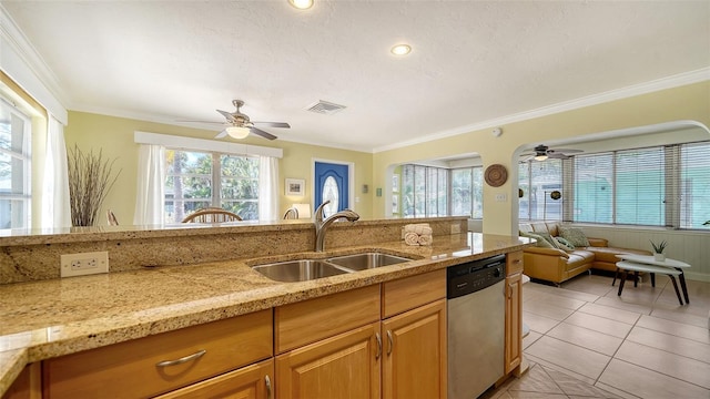 1116 S Moonmist Ct Unit M12, Sarasota, FL 34242 - kitchen featuring dishwasher, ceiling fan, crown molding, open floor plan, and light stone countertops