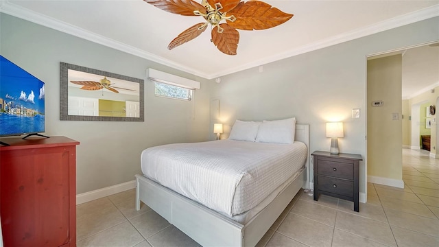 1116 S Moonmist Ct Unit M12, Sarasota, FL 34242 - bedroom featuring crown molding, light tile patterned floors, and ceiling fan