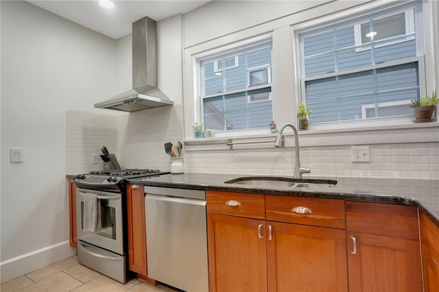 480 28th Ave N, Saint Petersburg, FL 33704 - kitchen featuring appliances with stainless steel finishes, wall chimney exhaust hood, a sink, brown cabinetry, and tasteful backsplash