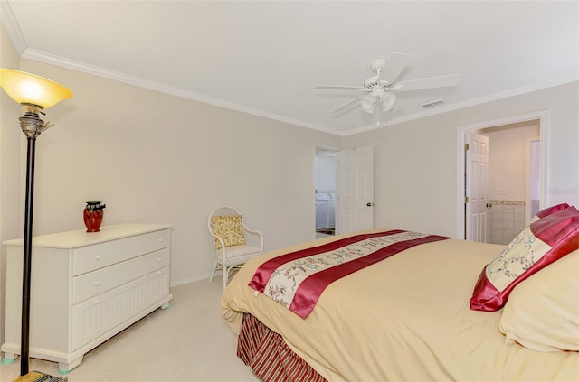 74 Windsor Dr, Englewood, FL 34223 - bedroom featuring ornamental molding, light colored carpet, and a ceiling fan