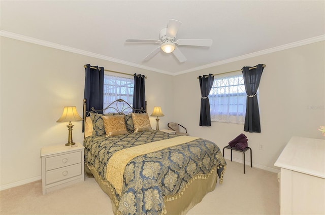 74 Windsor Dr, Englewood, FL 34223 - bedroom with light colored carpet, multiple windows, crown molding, and a ceiling fan