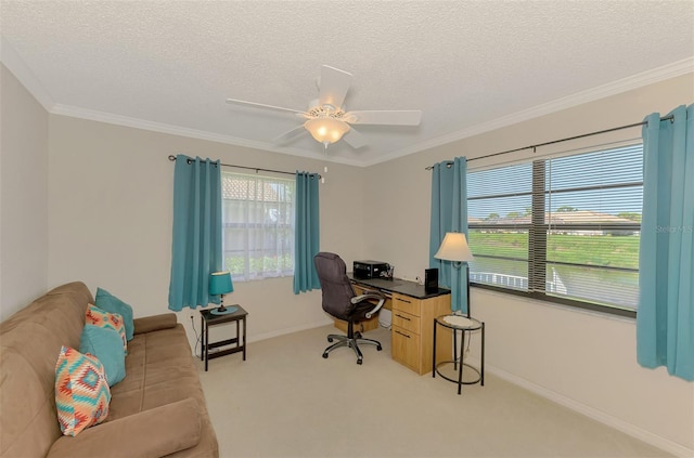 74 Windsor Dr, Englewood, FL 34223 - home office featuring ceiling fan, a textured ceiling, light carpet, and crown molding