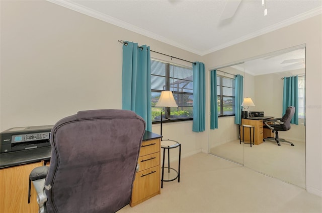 74 Windsor Dr, Englewood, FL 34223 - office area featuring light colored carpet, ornamental molding, and a ceiling fan