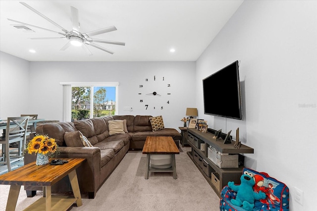 4644 Vignette Way, Sarasota, FL 34240 - living area with light colored carpet, a ceiling fan, and recessed lighting