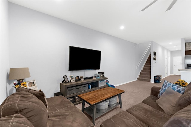 4644 Vignette Way, Sarasota, FL 34240 - living room featuring carpet flooring, stairway, recessed lighting, and ceiling fan