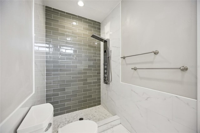 5018 Hanging Moss Ln, Sarasota, FL 34238 - bathroom featuring a stall shower, marble finish floors, and recessed lighting
