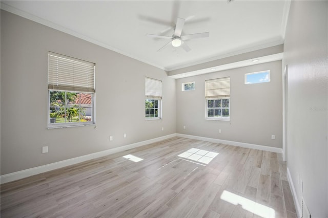 5018 Hanging Moss Ln, Sarasota, FL 34238 - empty room with crown molding, a ceiling fan, and light wood-style flooring