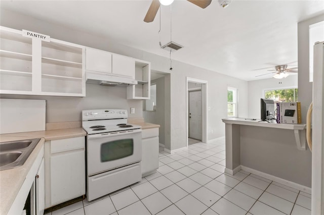 8075 48th Ave N, Saint Petersburg, FL 33709 - kitchen featuring white range with electric stovetop, open shelves, ceiling fan, and white cabinetry