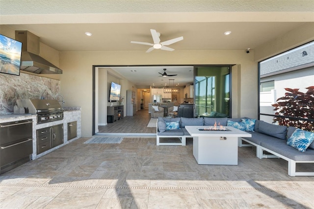 15316 Shady Palms Ln, Nokomis, FL 34275 - view of patio featuring an outdoor living space with a fire pit, area for grilling, and a ceiling fan