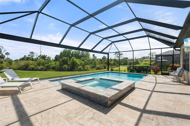 15316 Shady Palms Ln, Nokomis, FL 34275 - view of swimming pool with a patio, a pool with connected hot tub, a lawn, and glass enclosure