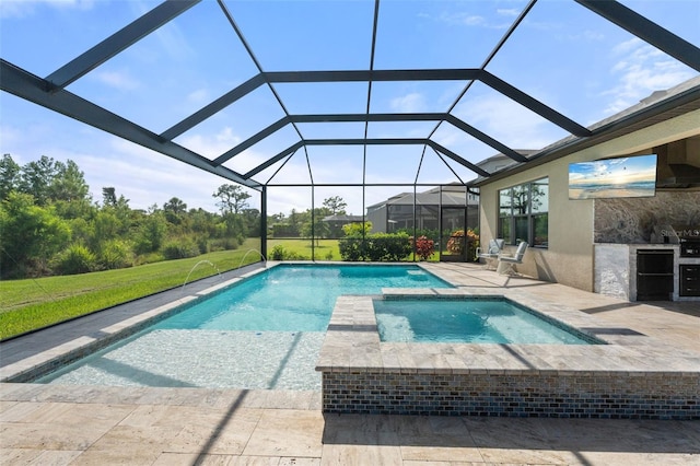 15316 Shady Palms Ln, Nokomis, FL 34275 - view of pool with a patio area, a yard, a pool with connected hot tub, a lanai, and area for grilling