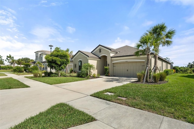 15316 Shady Palms Ln, Nokomis, FL 34275 - view of front of house with an attached garage, stucco siding, a front yard, and driveway