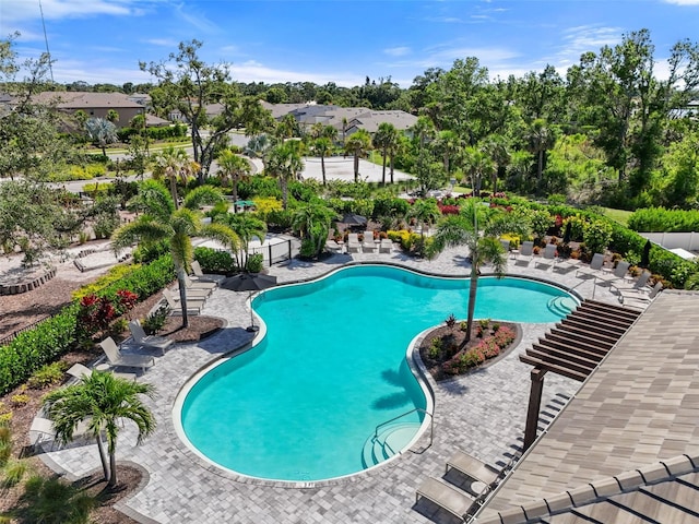 15316 Shady Palms Ln, Nokomis, FL 34275 - community pool featuring a patio and view of wooded area