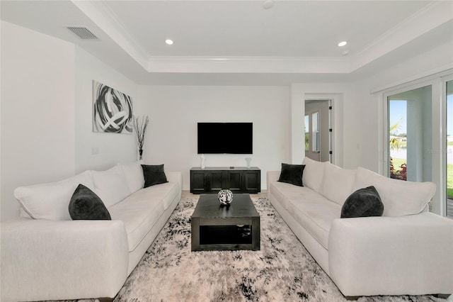 17333 Savory Mist Cir, Bradenton, FL 34211 - living area featuring a tray ceiling, recessed lighting, and ornamental molding