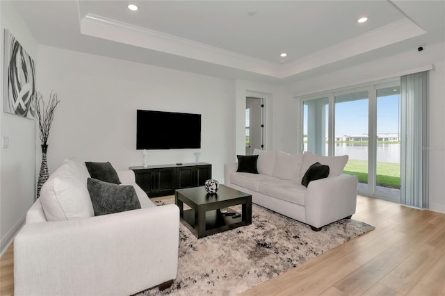 17333 Savory Mist Cir, Bradenton, FL 34211 - living room with a raised ceiling, light wood-style flooring, recessed lighting, ornamental molding, and baseboards