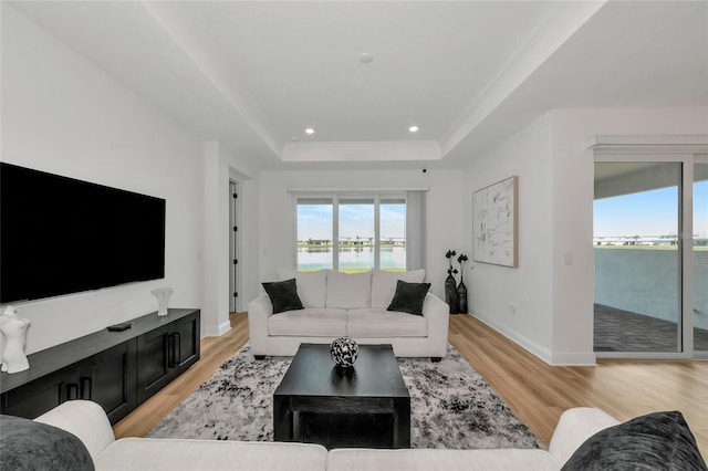 17333 Savory Mist Cir, Bradenton, FL 34211 - living area with a raised ceiling, light wood-style floors, a water view, baseboards, and recessed lighting