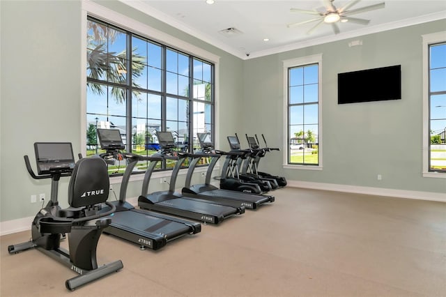 17333 Savory Mist Cir, Bradenton, FL 34211 - workout area featuring baseboards, ornamental molding, a ceiling fan, and recessed lighting