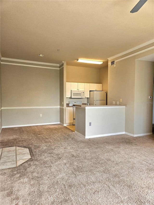 5146 Northridge Rd Unit 310, Sarasota, FL 34238 - unfurnished living room featuring light colored carpet, crown molding, baseboards, and a ceiling fan
