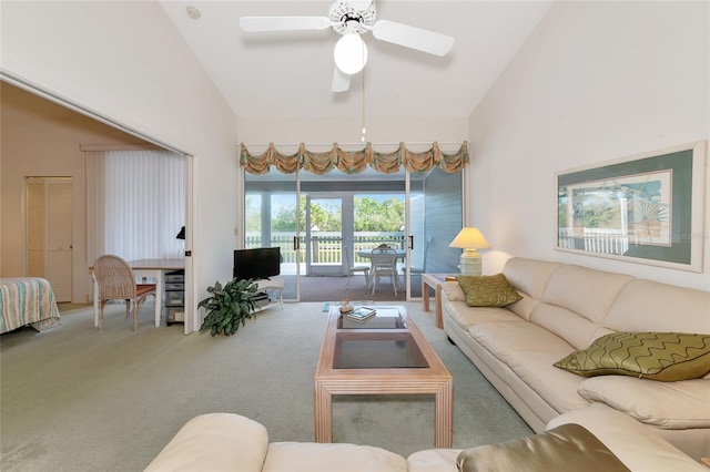 1316 Perico Point Cir, Bradenton, FL 34209 - living area with lofted ceiling, carpet floors, and a ceiling fan