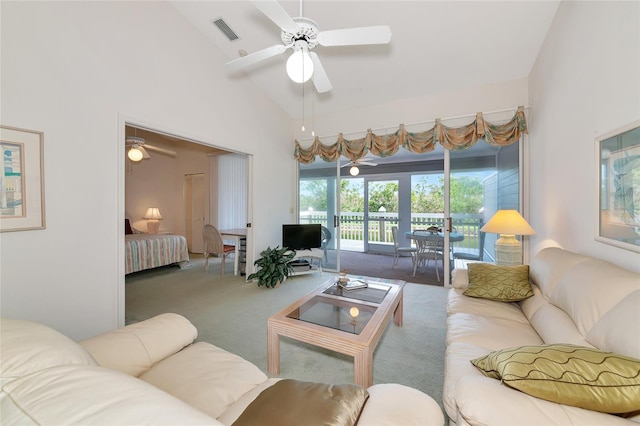1316 Perico Point Cir, Bradenton, FL 34209 - carpeted living area with ceiling fan and high vaulted ceiling