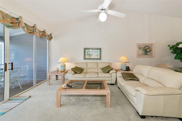 1316 Perico Point Cir, Bradenton, FL 34209 - living room with carpet flooring, ceiling fan, and vaulted ceiling