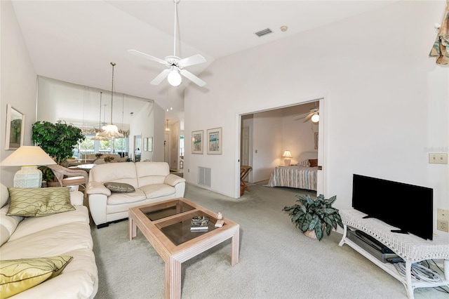 1316 Perico Point Cir, Bradenton, FL 34209 - living area featuring a ceiling fan, carpet flooring, and high vaulted ceiling