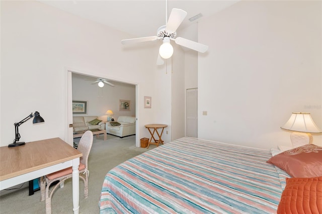 1316 Perico Point Cir, Bradenton, FL 34209 - bedroom with light carpet, a towering ceiling, and ceiling fan