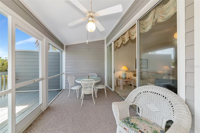 1316 Perico Point Cir, Bradenton, FL 34209 - sunroom with ceiling fan, outdoor dining area, and lofted ceiling