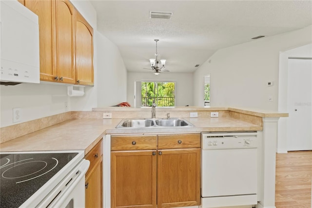 5500 Longwood Run Blvd Unit 203, Sarasota, FL 34243 - kitchen featuring white dishwasher, water heater, a peninsula, vaulted ceiling, and light countertops