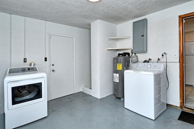 1354 22nd St, Sarasota, FL 34234 - laundry room featuring electric panel, electric water heater, washer and dryer, and a textured ceiling