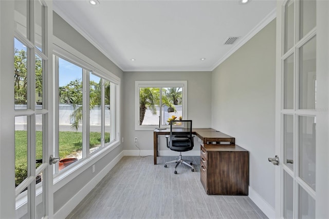 139 Vista Hermosa Cir, Sarasota, FL 34242 - home office with french doors, ornamental molding, light wood-type flooring, and recessed lighting