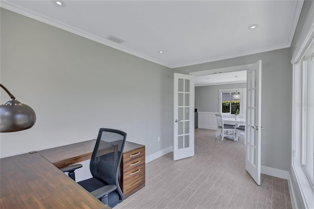 139 Vista Hermosa Cir, Sarasota, FL 34242 - office area featuring french doors, light wood-style floors, crown molding, and recessed lighting