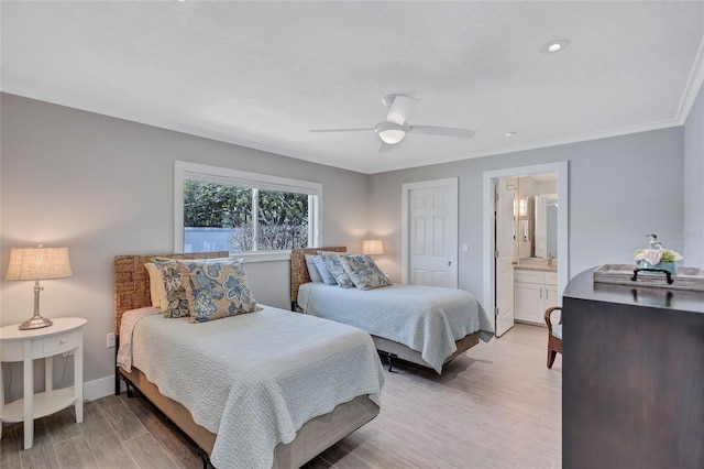 139 Vista Hermosa Cir, Sarasota, FL 34242 - bedroom featuring light wood-style flooring, ceiling fan, ensuite bath, crown molding, and recessed lighting