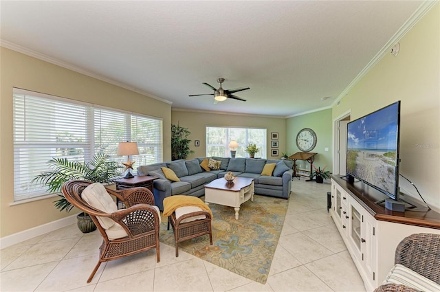 7820 34th Ave W Unit 102, Bradenton, FL 34209 - living room with ornamental molding, light tile patterned flooring, and a ceiling fan